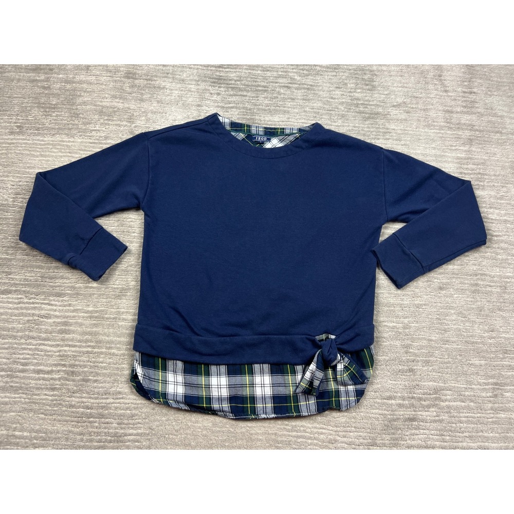 IZOD Sweatshirt Womens M Navy Blue Plaid Trim Mixed Media Side Tie Crew Neck